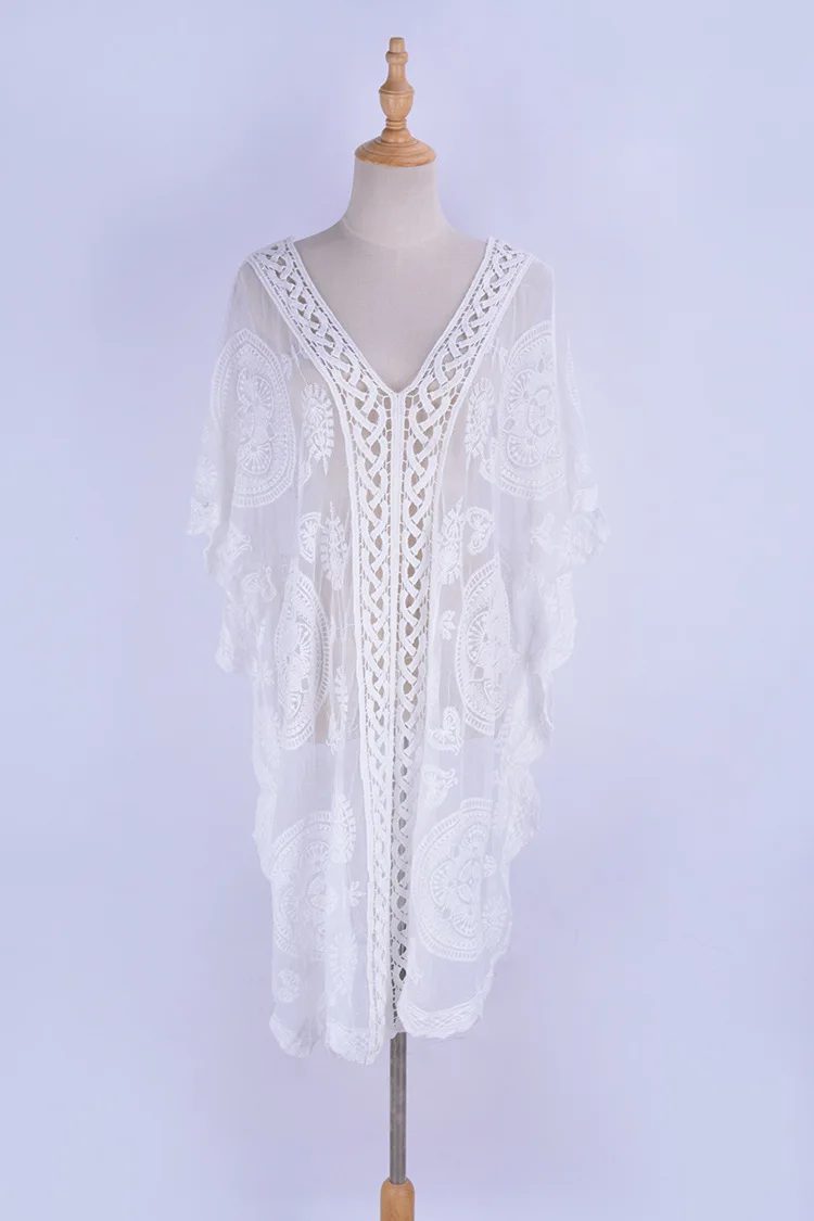 

2021 New Lace Embroidered Seaside Holiday Beach Short Skirt Spa Sexy Bikini Swimming Costume Outer Cover-Up Sun Protection Women