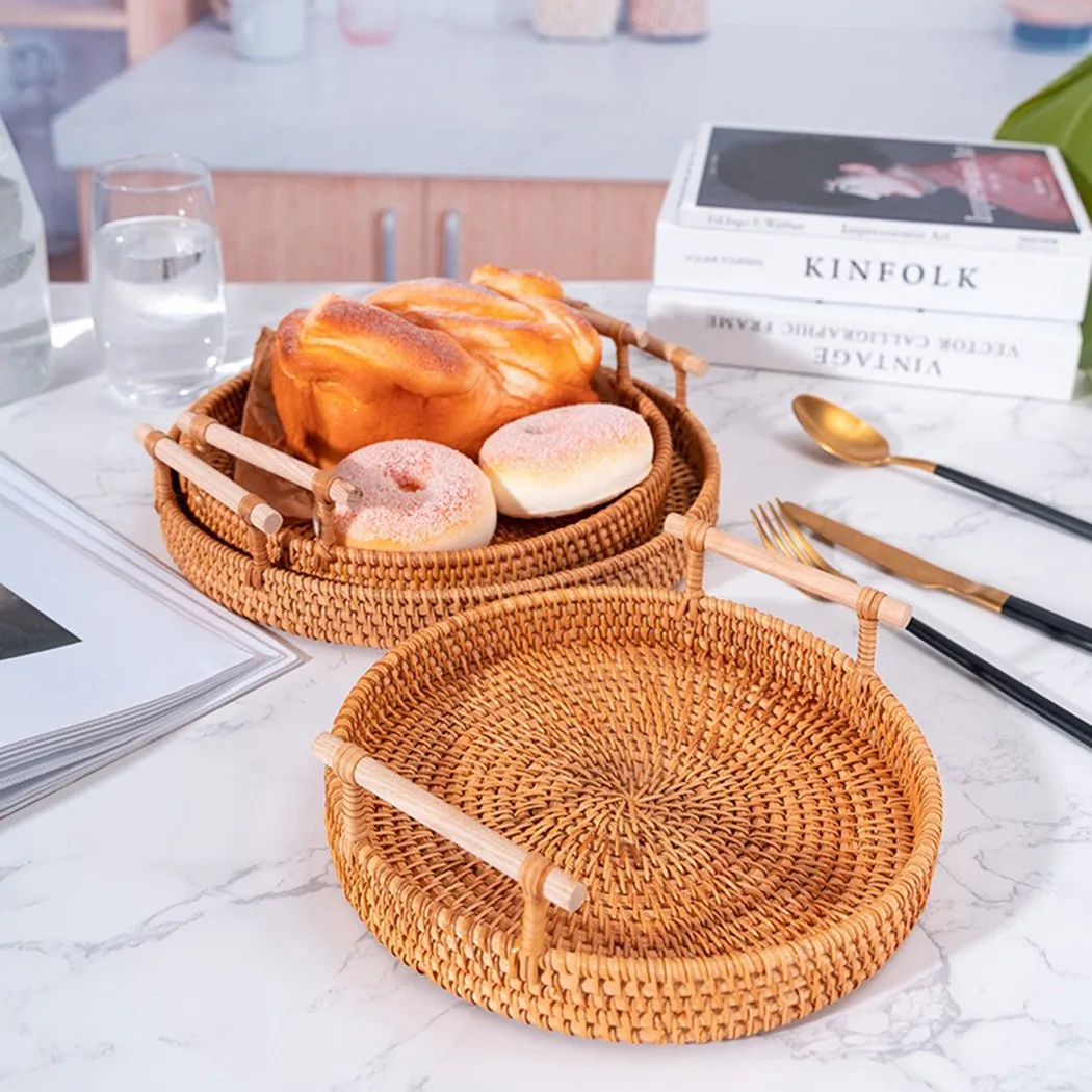 

1 X Rattan Storage Basket 28 X 7 X 4cm Tray Fruit Food Wicker Basket Storage Tray Breakfast With Handle