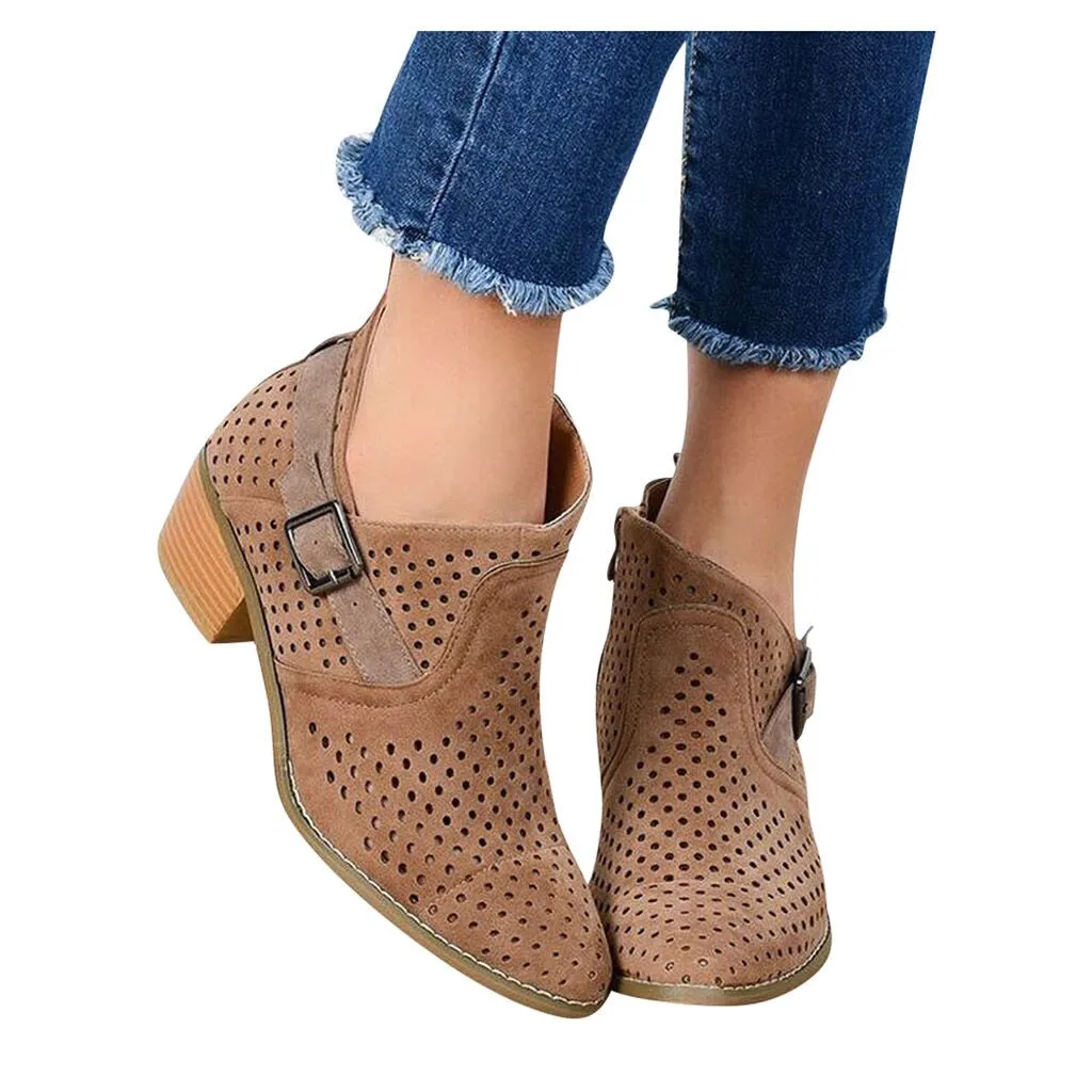 Women Ankle Boots Hollow Shoes Female Casual Belt Buckle Women's Large Size Autumn High-Heeled Shoe botas mujer #903 | Обувь