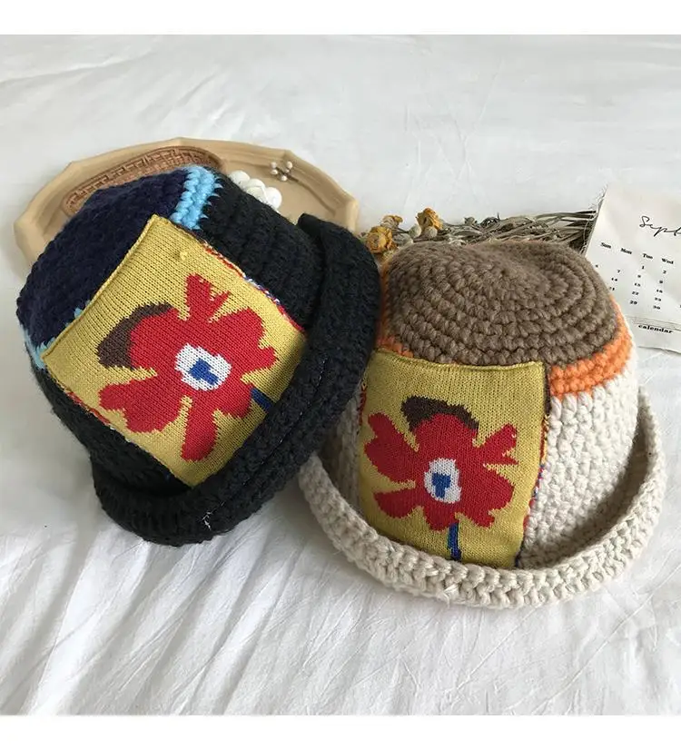 2021 New Knitted Fisherman Hat Women Sweet Style Bucket Hat Flower Patch Pot Cap Vintage Bucket Hats For Women Ladies Gifts