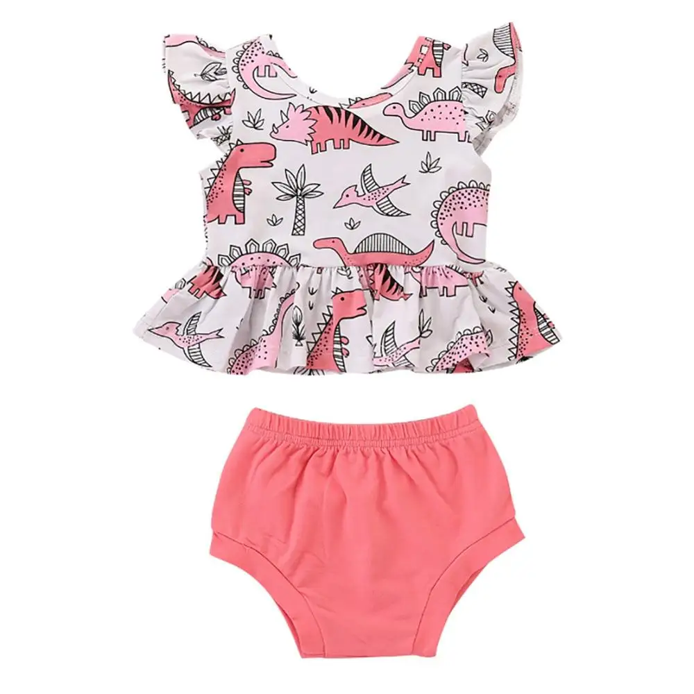 Летние топы с короткими рукавами и принтом динозавра для маленьких девочек +