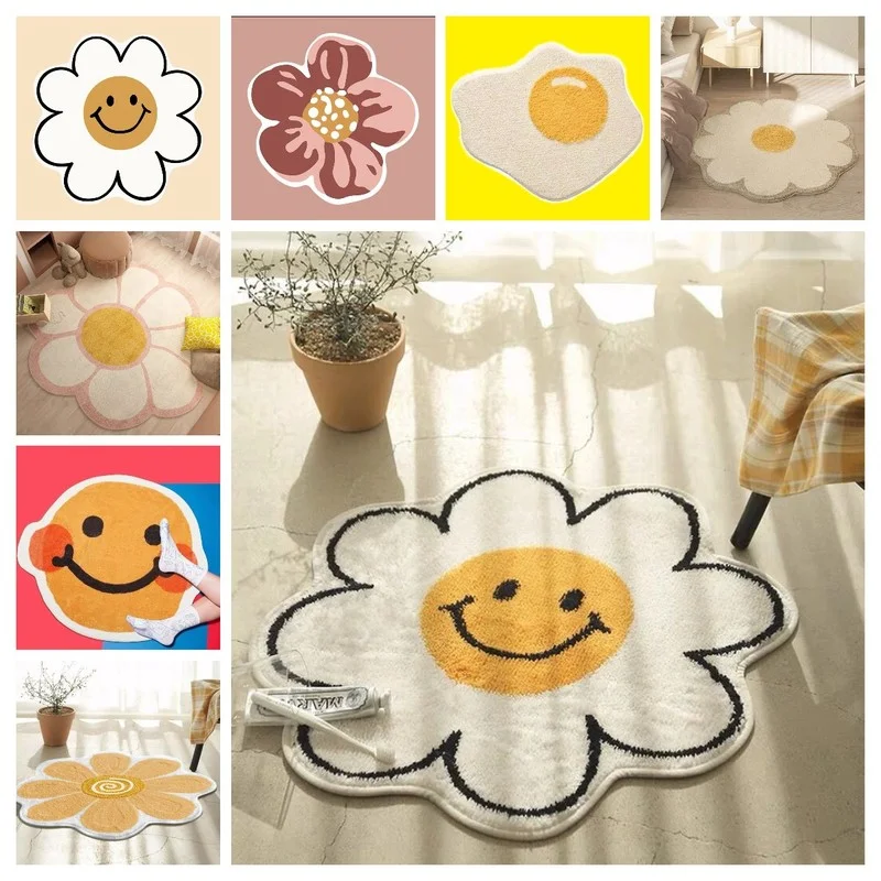 

Rug Nordic Doormat Smiley Flower Carpet Bedroom Bedside Rugs Bathroom Non-slip Floor Mats Living Room Sofa Chair Mats Home Decor