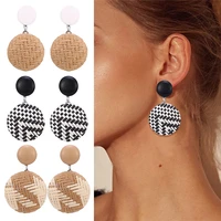 hocole wooden straw weave earrings for women handmade rattan vine braid geometric drop dangle earring fashion jewelry wholesale