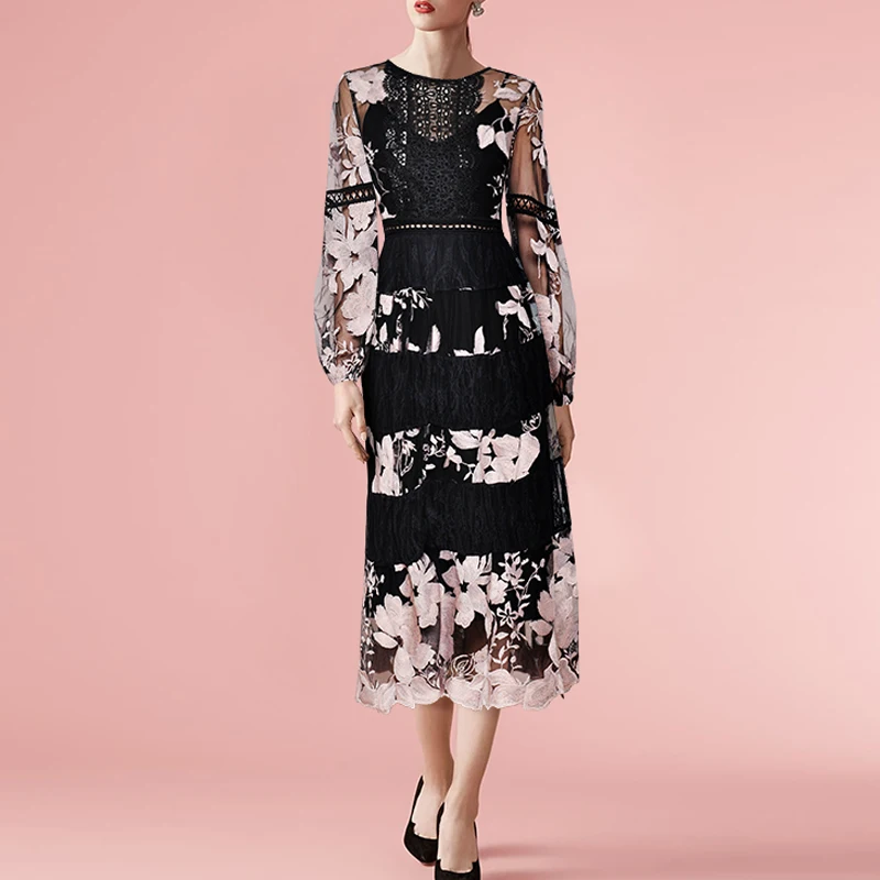 

Женское Сетчатое платье, облегающее платье с вышивкой и рукавами-фонариками, осень 2021