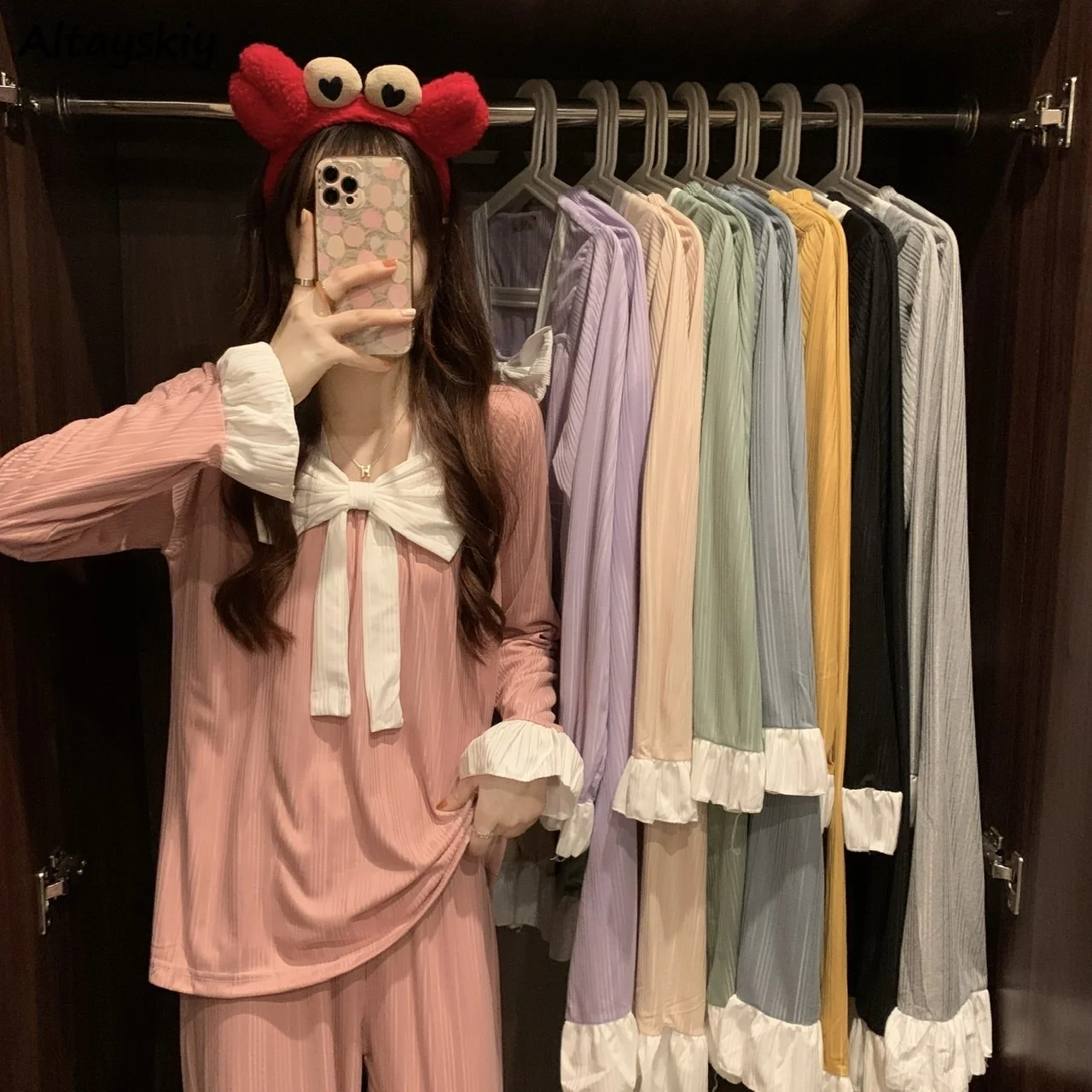 

Women Bow Pajama Sets Sweet Loose Patchwork Ruffles Cute Home Long Sleeve Sleepwear Japanese Students Lounge Pyjamas Two Piecess