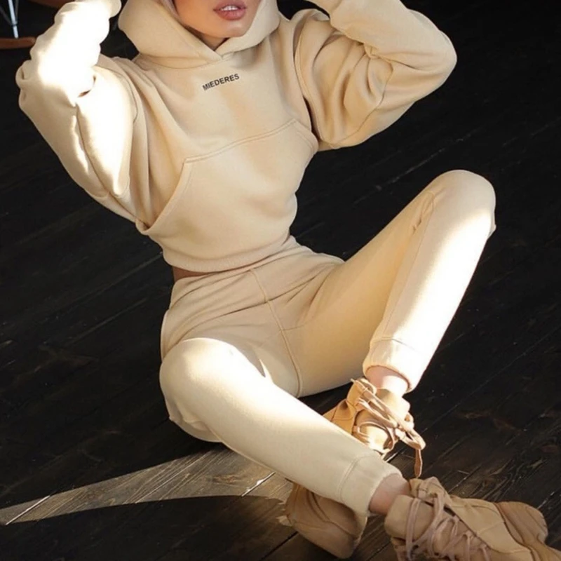 

Women Winter 2 Piece Sports Outfits Set Long Sleeve Letters Hooded Crop Top Sweatshirt High Waist Jogger Pants Solid Color Track
