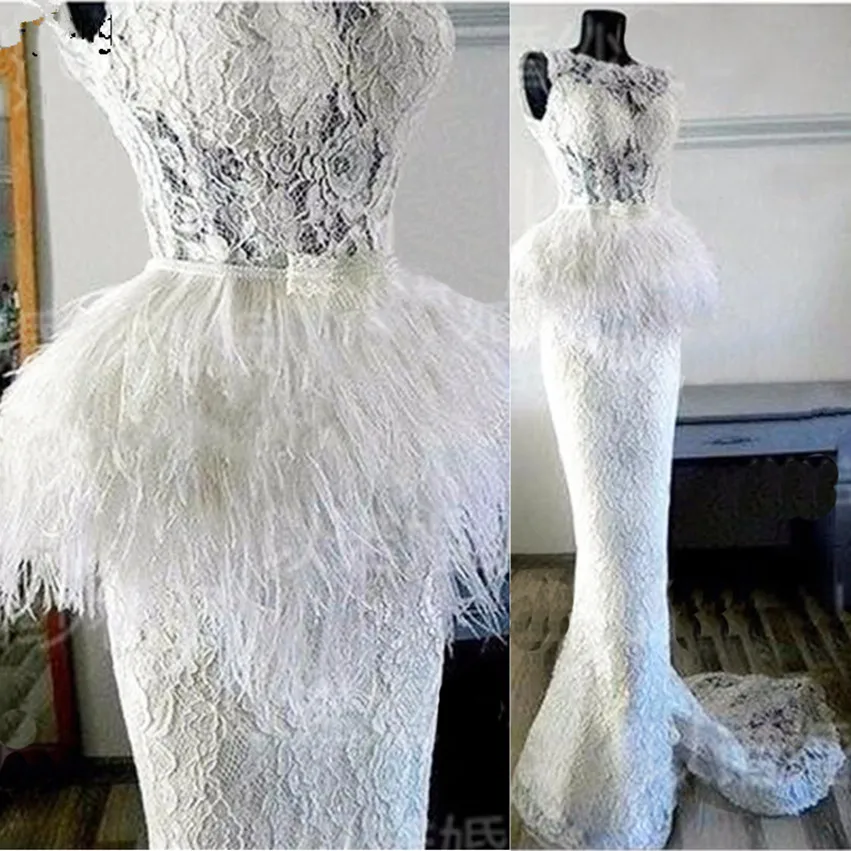 

Vintage Lace Feather Mermaid Evening Dresses 2020 Saudi Arabic Long Prom Gowns Pearls On Waist Formal Party Dress Custom Made