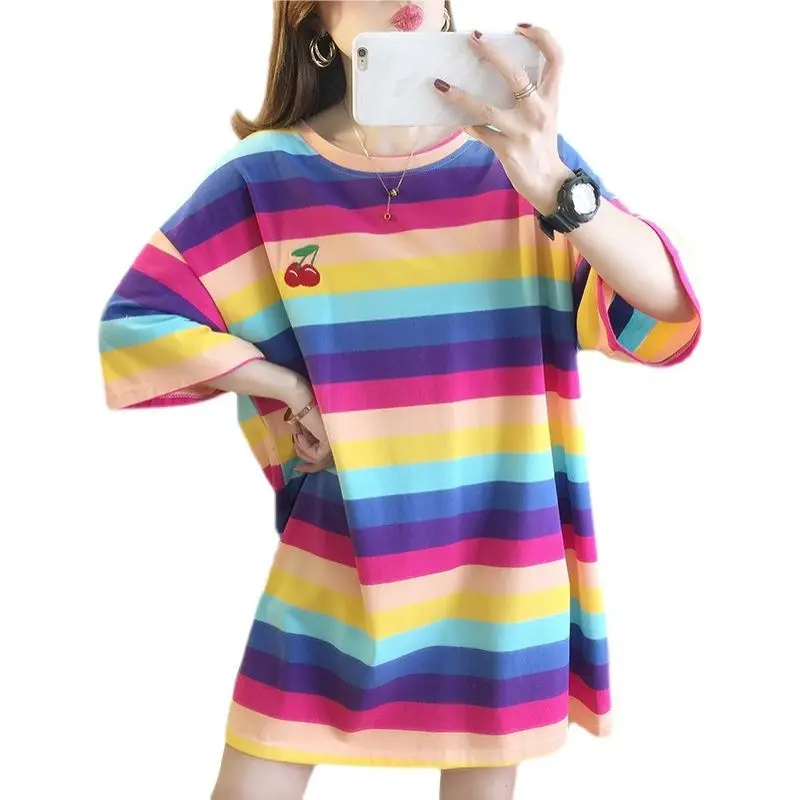 

Rainbow Striped Shirt Women Casual Harajuku T Shirt Cotton Fashion Kawaii Cute Oversized Women Summer Short Sleeved Top