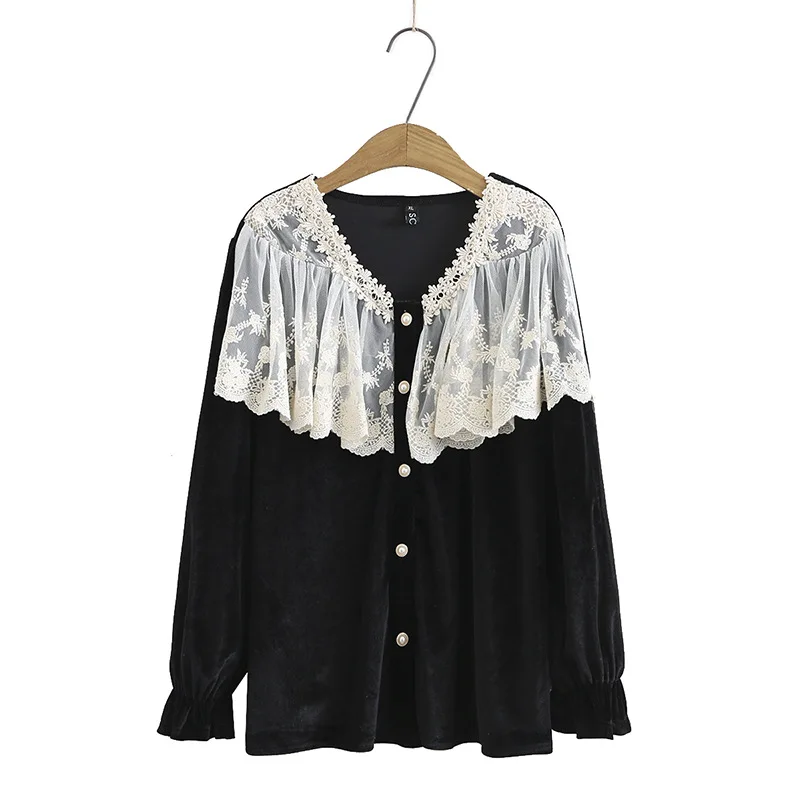 

Размера плюс блузка с длинными рукавами и кружевом, кофейного и черного цвета, повседневные винтажные топы с V-образным вырезом, офисные блу...