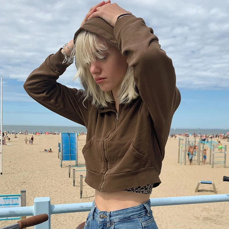 

Rainbowwaves Sexy Zipper Hoodies Sweatshirt Women Crop Jacket Casual Solid Long Sleeve Pocket Shirt Thin Short Tops