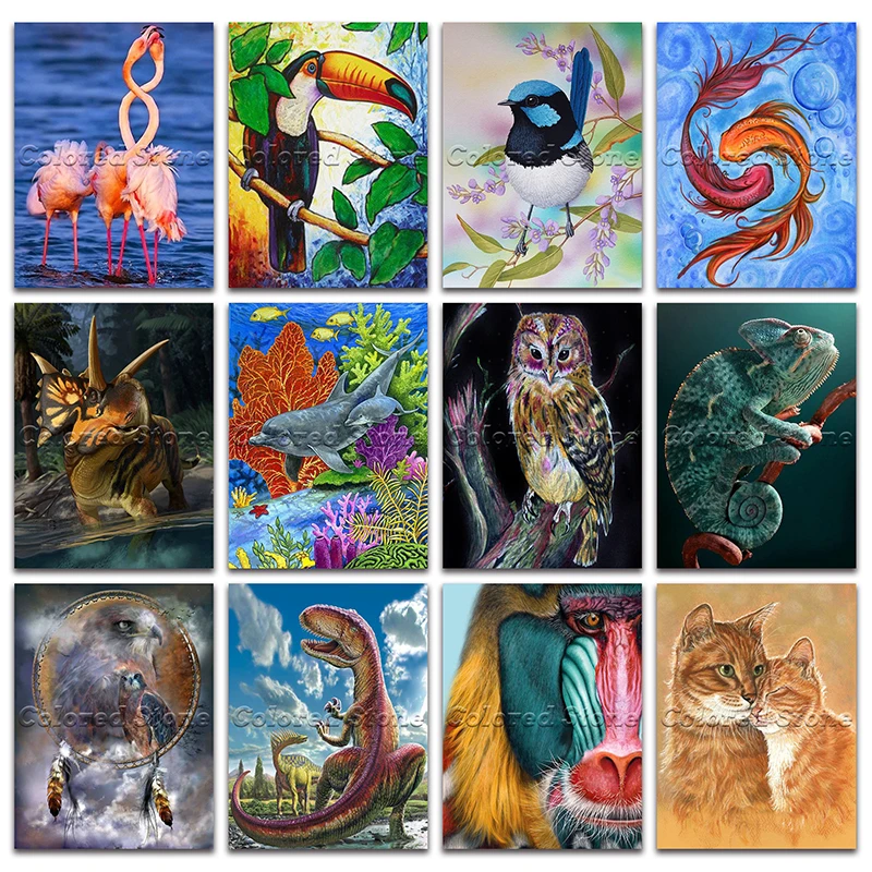 Алмазная вышивка сделай сам крестиком фламинго попугай птица рыба динозавр