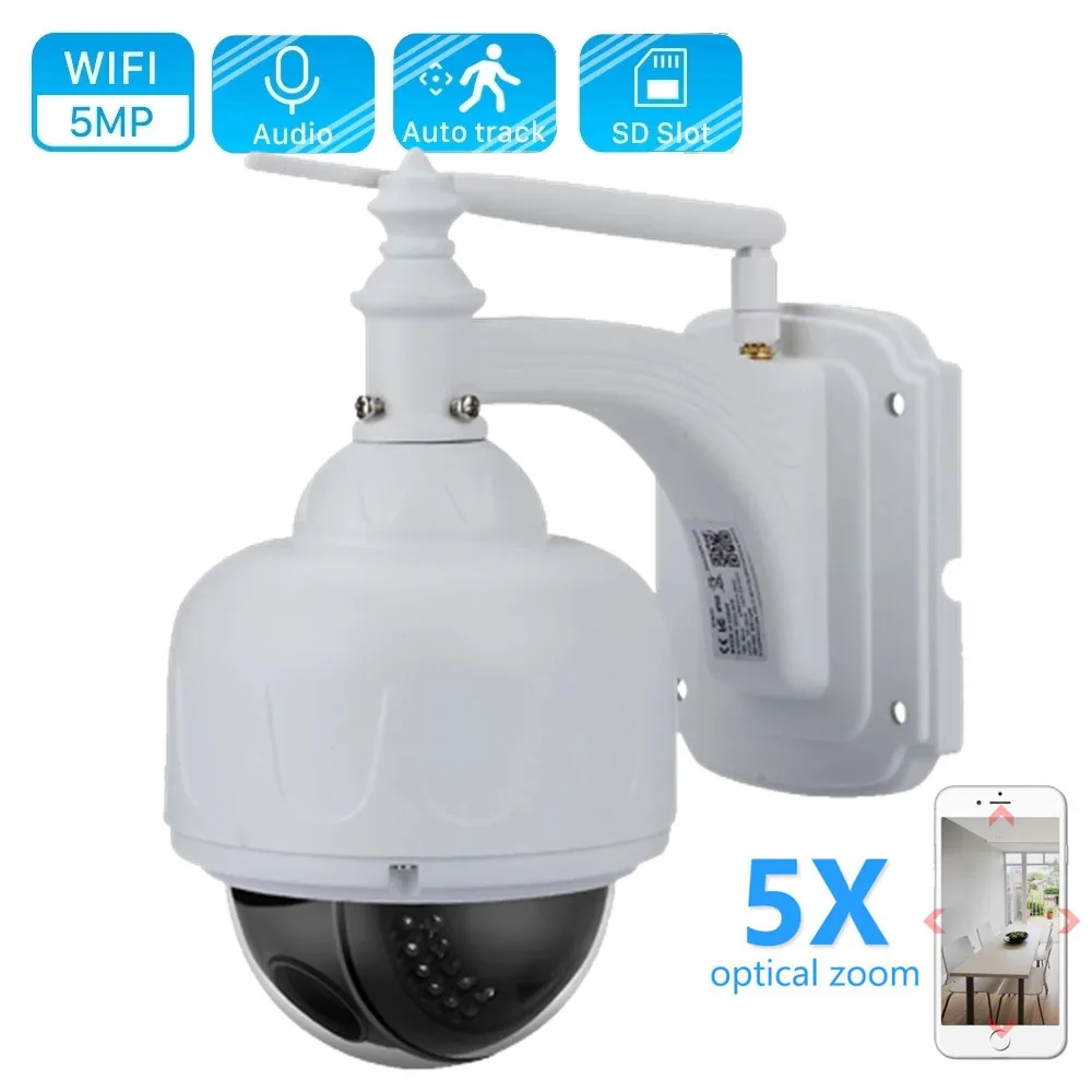 

5MP PTZ Auto Tracking Wifi IP Camera 5X Zoom Motion Detect Audio Talk Speaker Aluminum Waterproof CamHi Phone Monitoring SD Card