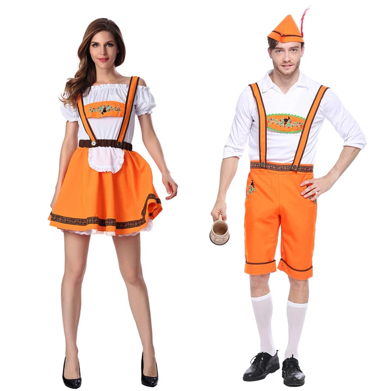 Костюм оранжевого пива Bavaria Oktoberfest для мужчин и женщин рубашка Lederhosen платье на