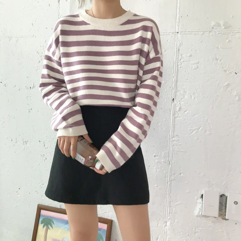 

Mooirue Winter Women Sweater Striped Rabbit Hair Warm Kawaii Knitted Jumpers