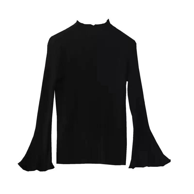 

Blouses Women Black Temperament Edible Tree Fungus Plus Size Half High Collar All-match Flare Sleeve Trendy Slim Summer Ulzzang