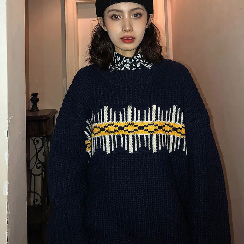 

2021 Winter Sweaters Y2K Women Clothes Long Sleeve Spliced Jacquard Stripe Top Korean Fashion Oversized Retro Knitted Pullover