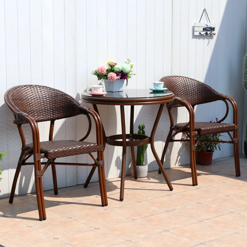 

Уличные столы и стулья для двора, стулья из алюминиевого сплава для кафе, балконного ротанга, стулья из трех частей для чайного магазина, ули...