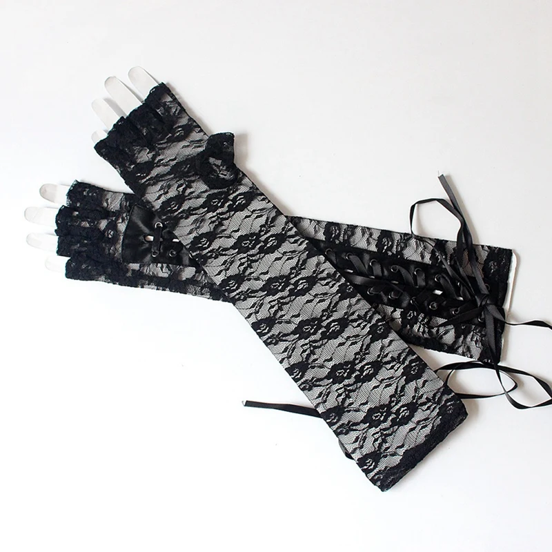 

Sexy Lace Lace Gloves Long Ribbon Rivet Half Finger Ceremonial Ball Gloves