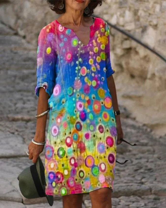 Женское винтажное платье с принтом свободное ТРАПЕЦИЕВИДНОЕ ПЛАТЬЕ С V образным