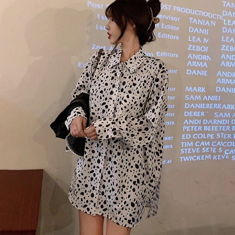 

Chic BF Style Large Size Lapel Cow Pattern Shirt Autumn Ladies Loose Casual Long Sleeve Buttons Blouses/