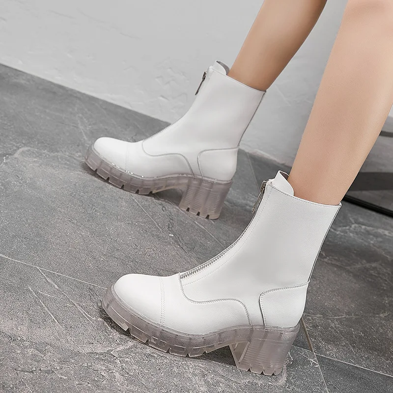 Черные кожаные полусапожки Новые модные женские высокие сапоги на толстом