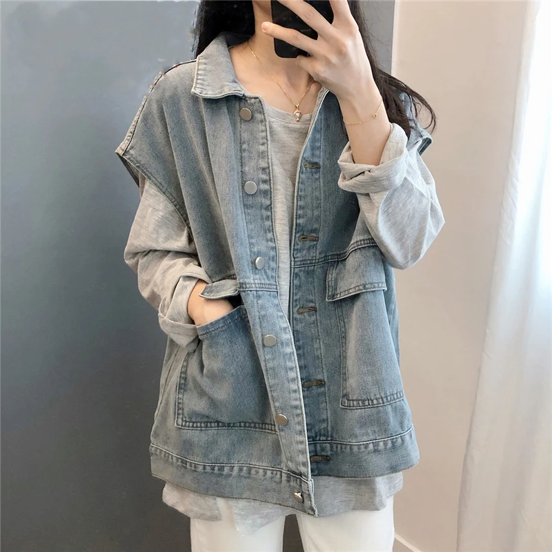 

Pop Loose Denim Vest Women Korean Style Classic Sleeveless Jean Coat Streetwear Boyfriend Big Pocket Jean Denim Waistcoat