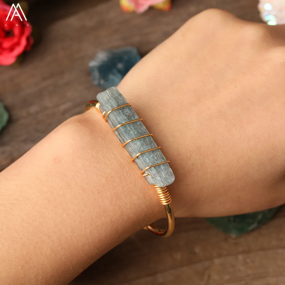

Women Stone Point Beads Gold Bracelets Natural Blue Kyanite Beads Open Cuff Bracelet Bangle Adjustable For Girl's Bangle Jewelry