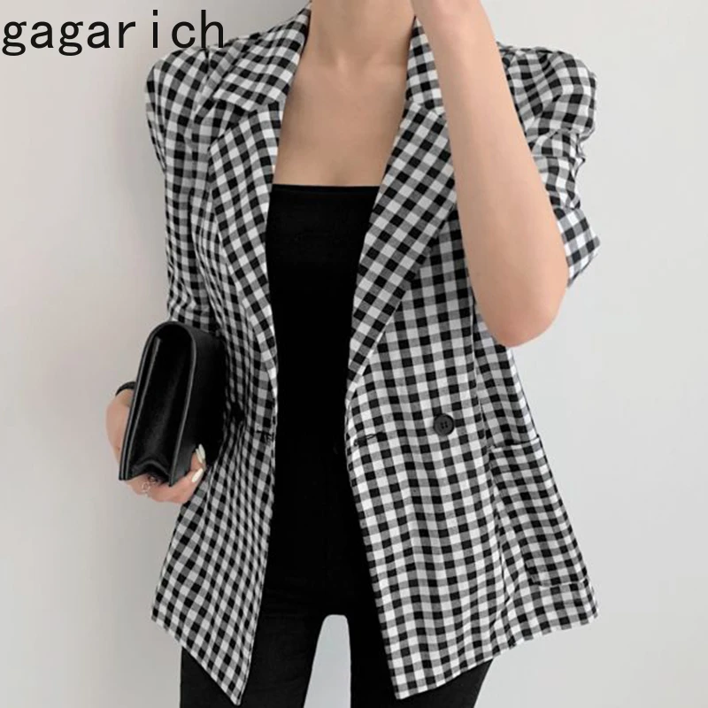 Женский блейзер в клетку Gagarich черный Корейском стиле с отворотами ретро