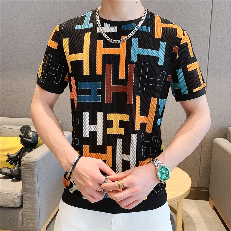 

Spring-printed shirt, short sleeve, round collar, breathable knit shirt, quick drying, ice, silk, casual, streetwear