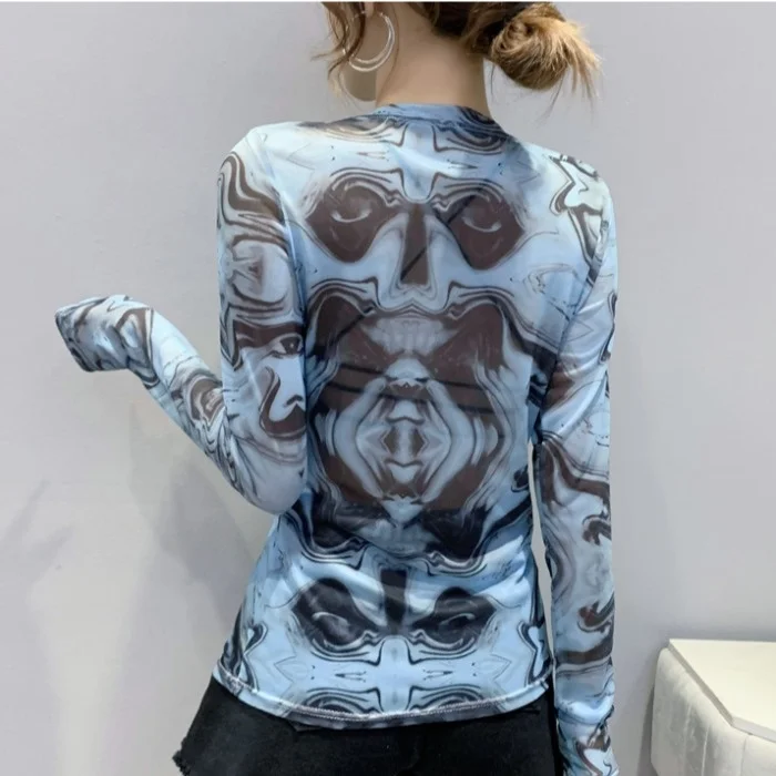

#5828Summer Mesh Top Tie Dyed T Shirt Women Thin Skinny Sunscreen T Shirt Women O Neck Sexy Thin Mesh T-shirt Female Transparent
