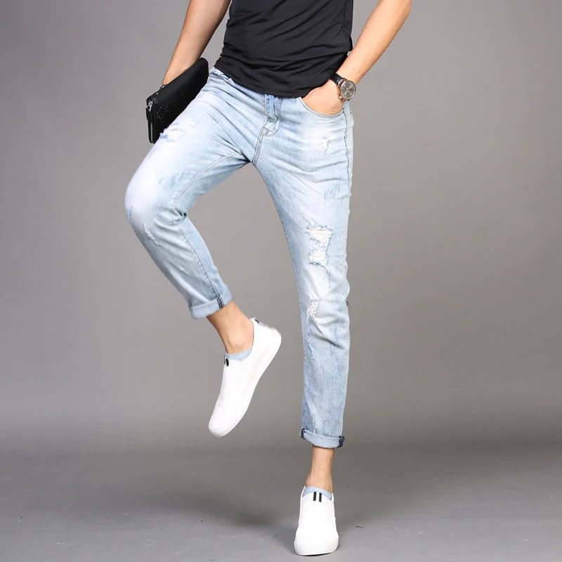 Summer Stretch Ripped Jeans Men Light Blue Slim Fit Ankle-Length Pants Fashion Streetwear Thin Denim Trousers