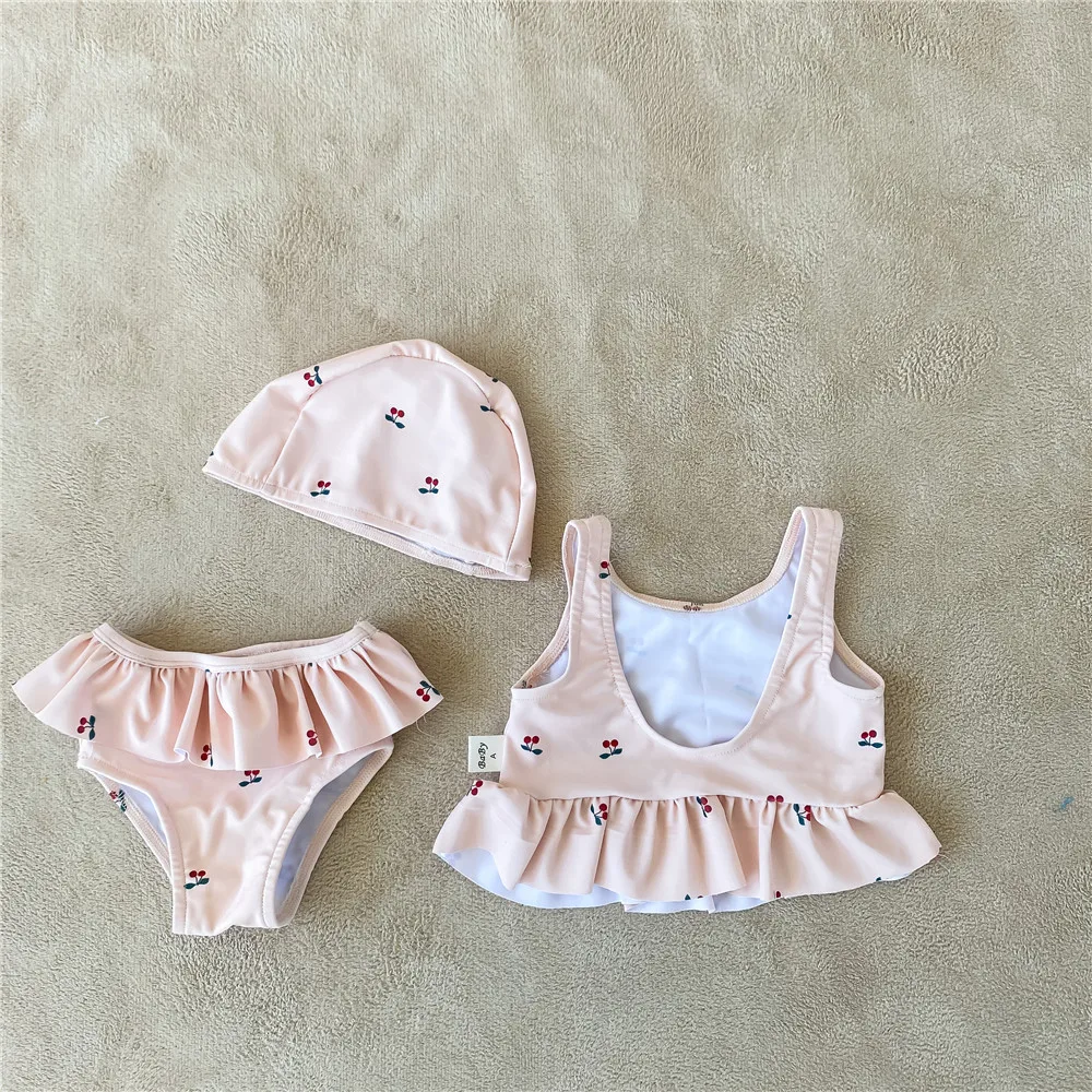 

2021 Summer Baby Swimming Suit Girls Cherry Swimming Wear 3pcs Swimmer Set