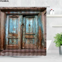 Retro Rustic Wooden Door Shower Curtains Vintage Farm Barn Swinging Saloon Doors Polyester Cloth Decor Chic Bathroom Curtain Set