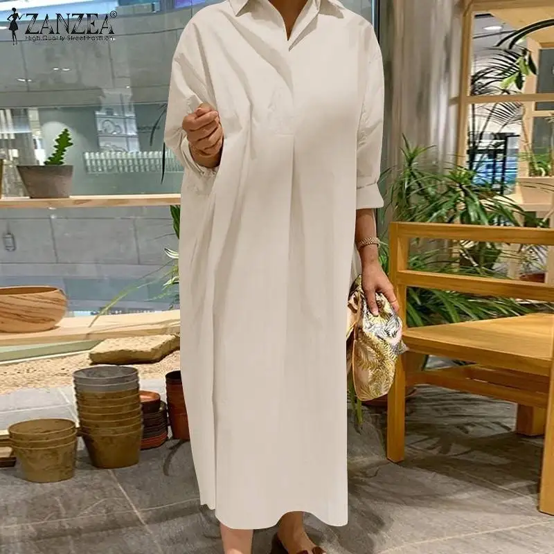 

Элегантное женское однотонное длинное платье-рубашка ZANZEA, Осеннее негабаритное платье-кафтан, офисное платье, женский свободный сарафан с ...