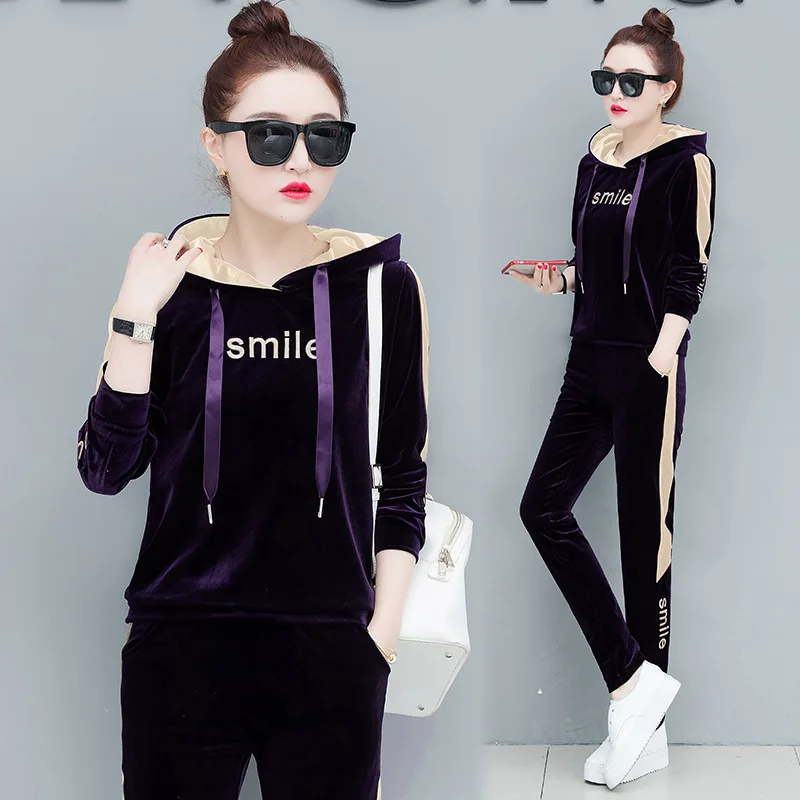 Dark Purple Комплект из двух предметов; Бархатный спортивный костюм для женщин; Chandal Mujer 2 Piezas; топ и брюки; велюровый спортивный костюм; Спортивный костюм; зимняя одежда; женская одежда - Цвет: Dark Purple