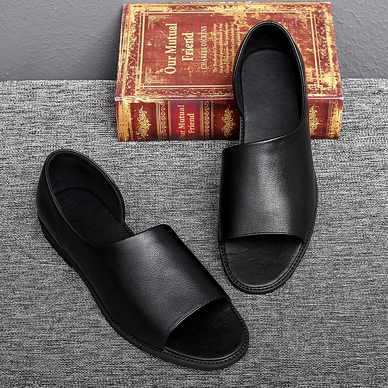 

FIXSYS Summer Man Casual Shoes Leather Slip-on Sandals Classic Black Flat Shoes High Quality Mens Walking Shoes Outdoor Slides