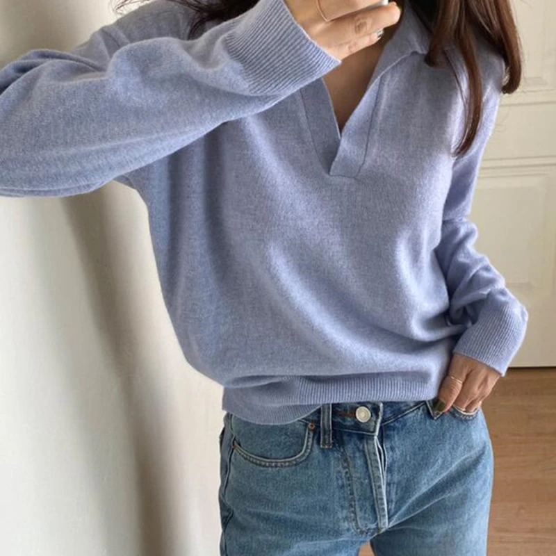 

Лидер продаж, Новое поступление, зимняя Весенняя женская базовая одежда, Свободные повседневные однотонные вязаные пуловеры с V-образным вы...