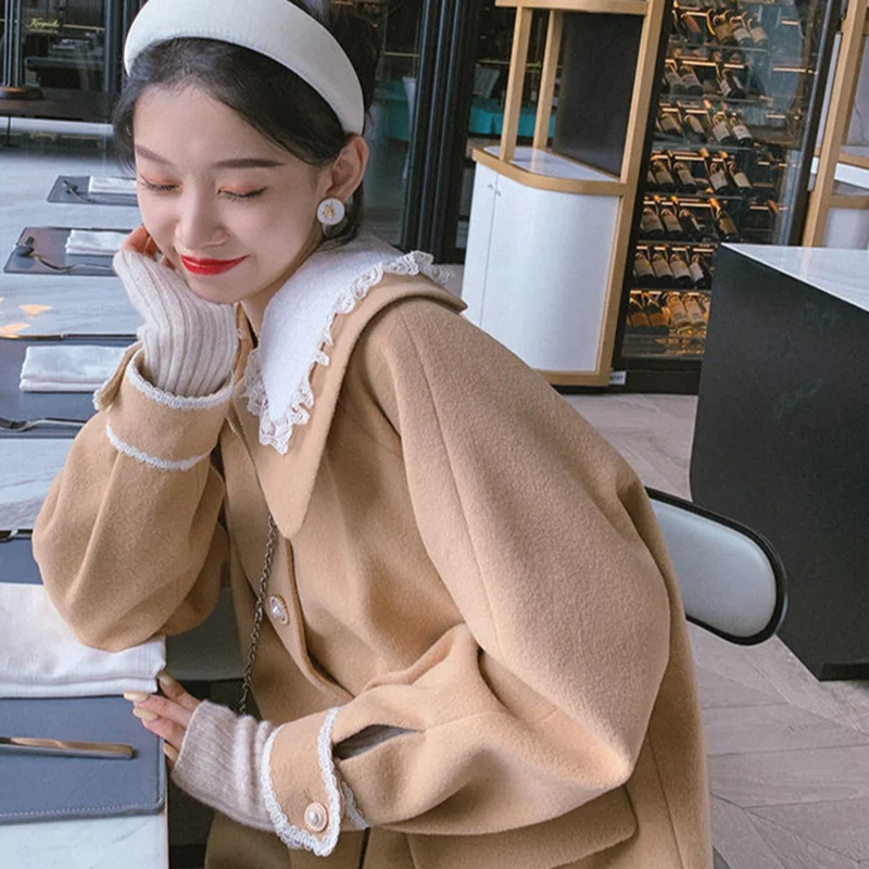 

Blends Women Japanese Style Kawaii Maiden Wool Coat Lace Patchwork Sweet College Fashion Popular Teenager Girls Autumn Comfort