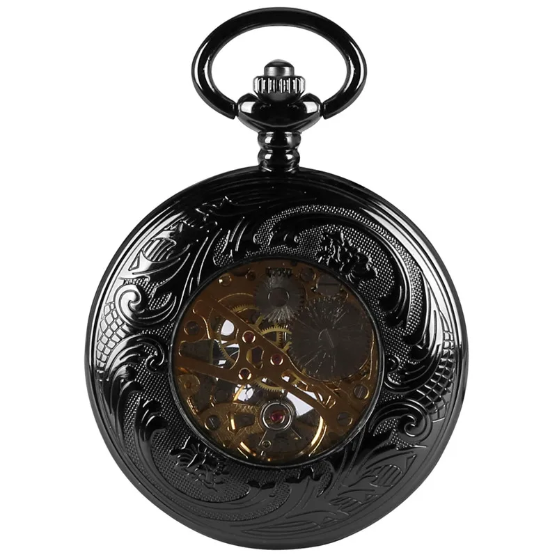 Steampunk Full Black Unisex Handwind Mechanical Pocket Watch Arabic Number Dial Manual Skeleton Clock Pendant Chain Collectable