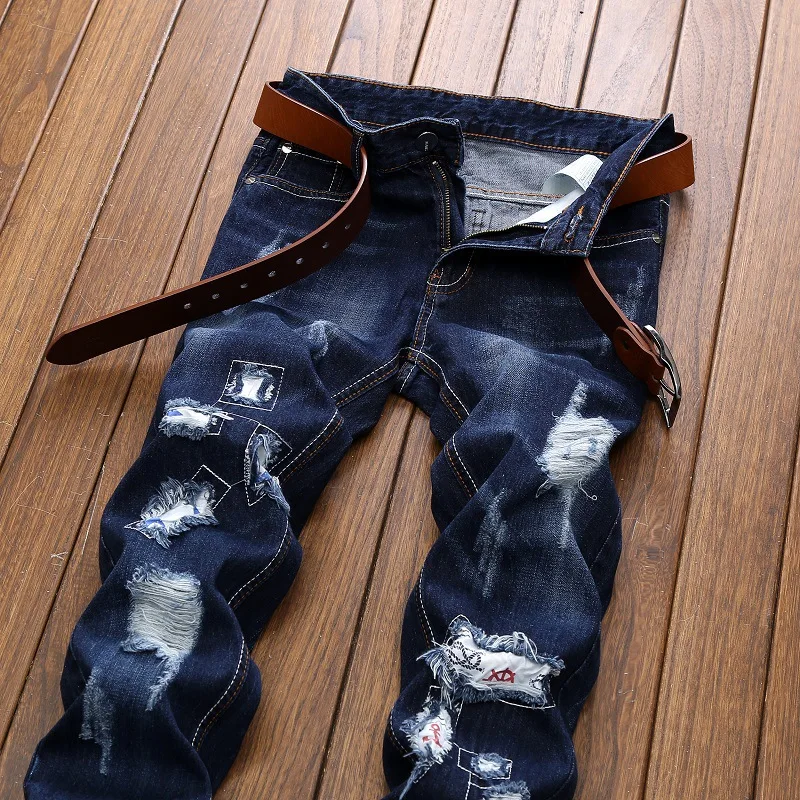 

2021 new embroidered jeans men's straight hole patch casual sports men's pants