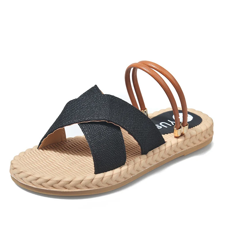 

Summer Retro Casual Women Sandals Faux Hemp Sole Cross Strap Flat Heel Outdoor Leisure Beach Shoes Ladies Female Elegant Whosale