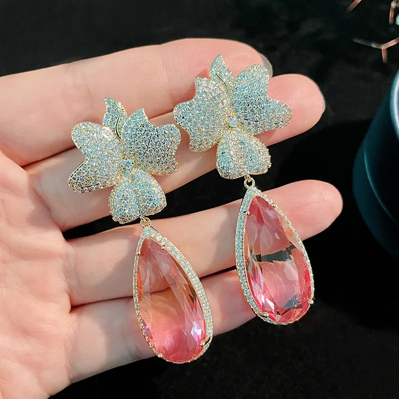 

Beautiful Flower Eardrop For Women Brand Designer Water Drop Dangle Earrings Fashion Luxury Jewelry Shining CZ Stone Earings
