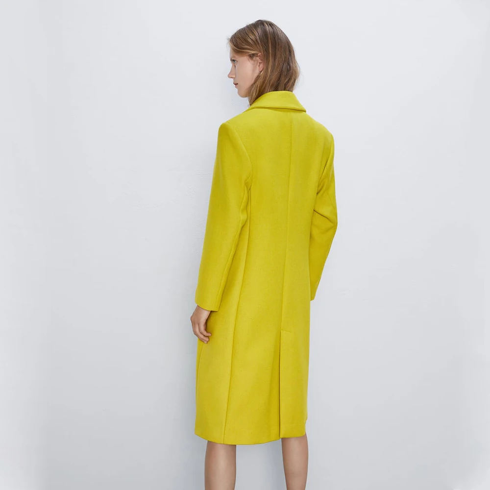 Женский костюм с юбкой ZA шерстяное двубортное пальто принтом и бантом желтый