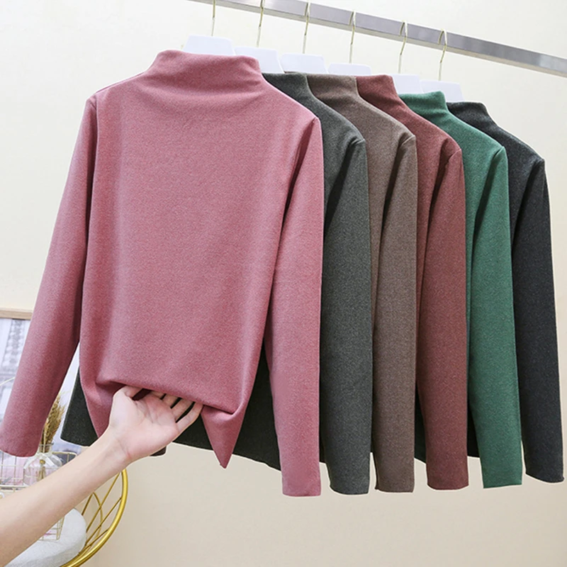 

Cation Base Shirt Autumn Winter Women's Fashion Half-Height Collar Pullover Elasticity Long-Sleeved All-Match Warmth T-Shirt