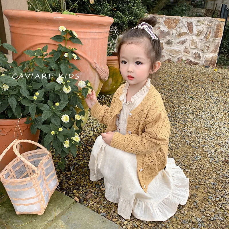 

Children's Clothing 2021 Autumn New Warm Solid Color Hollow Sweater Coat Girls Knit Jacket