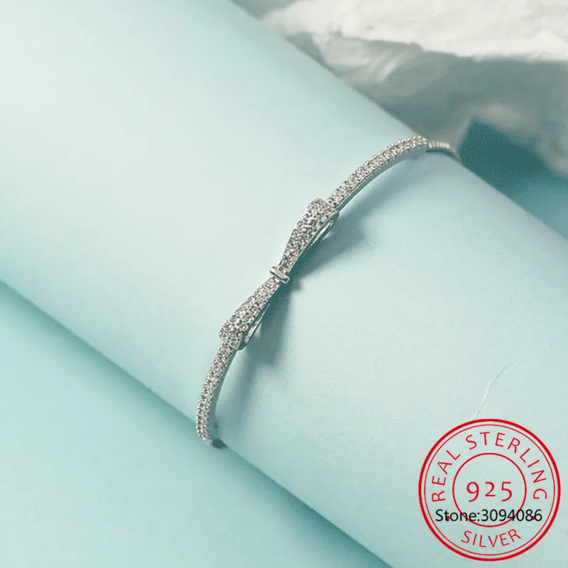 S925 Sterling Silver Fashion Bowknot Adjustable Bracelets 2021 New Shining Zircon Women Statement Jewelry Best Friend Gifts |