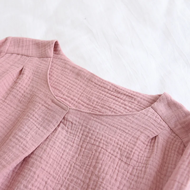 Japanese Simple Spring And Autumn Ladies Pajamas Two-piece Long-sleeved Trousers 100% Cotton Crepe Round Neck Home Service Set