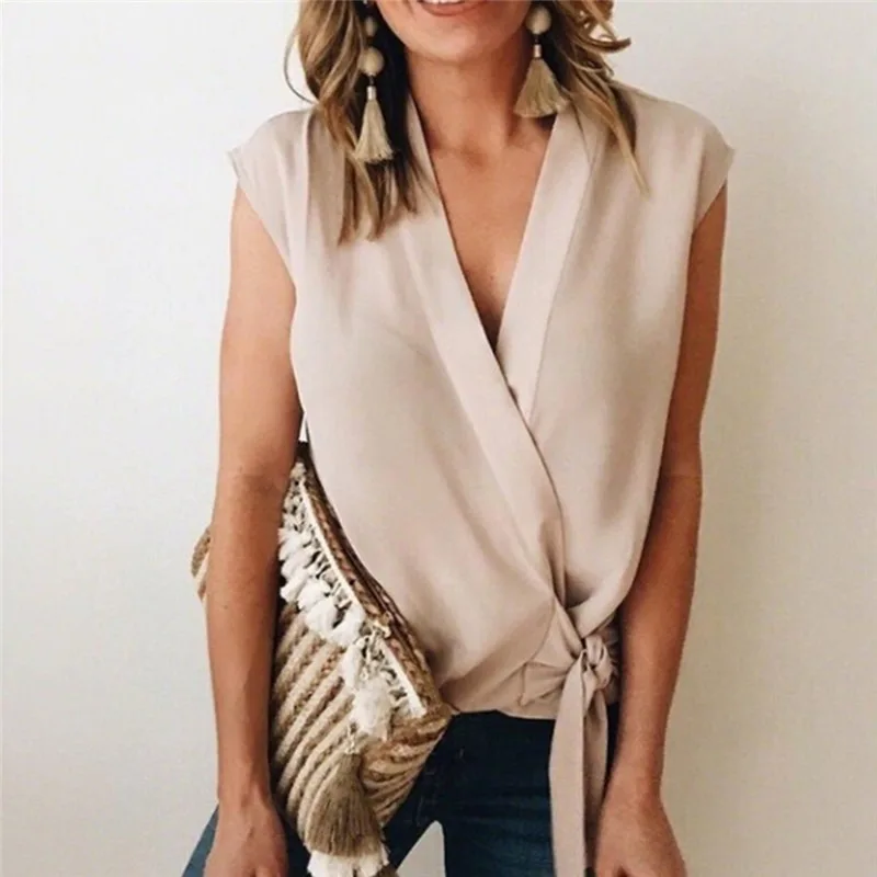 Женская шифоновая блузка без рукавов Повседневная Свободная Однотонная рубашка