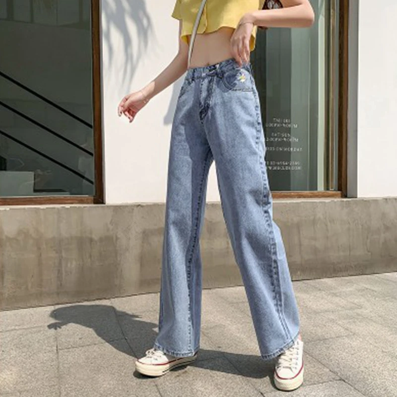 

Lugentolo Wide Legs Jeans Woman High Waist Autumn New Loose Daisy Embroidery Washed Cotton Bleached Full Length Jeans