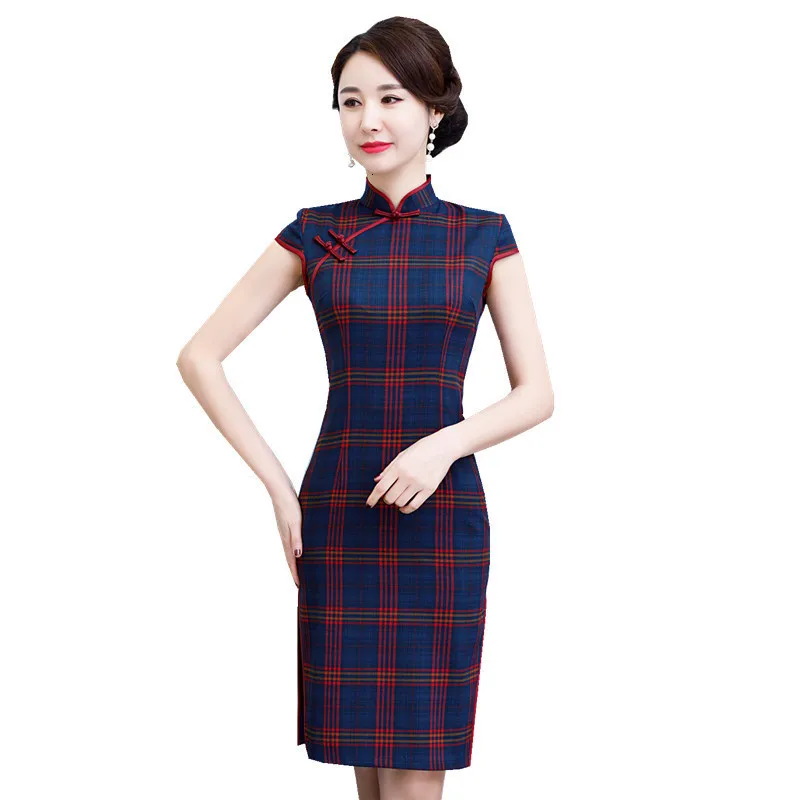 Летнее клетчатое платье с коротким рукавом, сексуальное, тонкое, Qipao, миди платья для женщин, Vestidos, Cheongsams, винтажное традиционное китайское платье, M-4XL